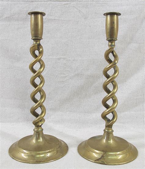 Antique 19th C Pair Victorian English Brass Open Barley Twist