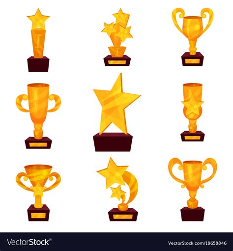 Golden Awards Set Trophy Cups And Awards In Shape Vector Image