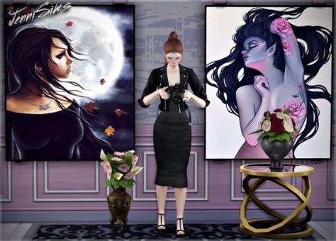A Woman Standing In Front Of Three Paintings And Vases With Flowers On