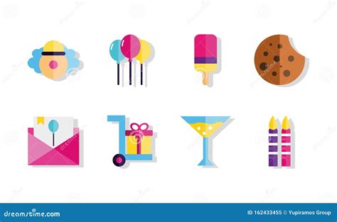 Happy Birthday Celebration Decoration Icons Set Stock Vector
