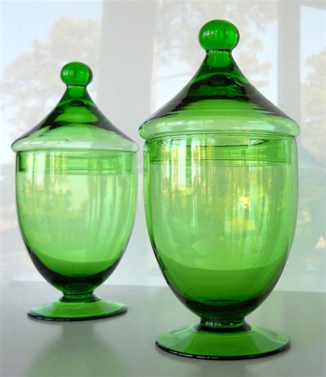 Vintage Green Glass Footed Apothecary Jars Set Of Two