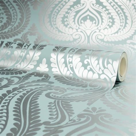 Shimmer Damask Metallic Wallpaper Teal Silver Wallpaper Uk Metallic