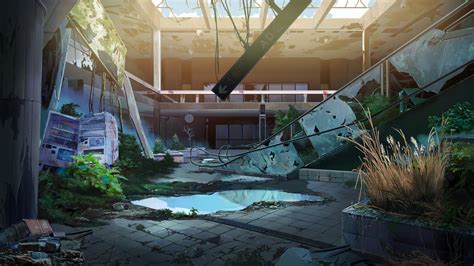 Anime Original Ruin Escalator Abandoned Scenery Building Moss Water Wallpaper Abandoned City