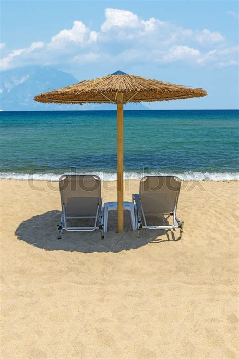 Beach Chairs With Umbrella With Blue Stock Image Colourbox