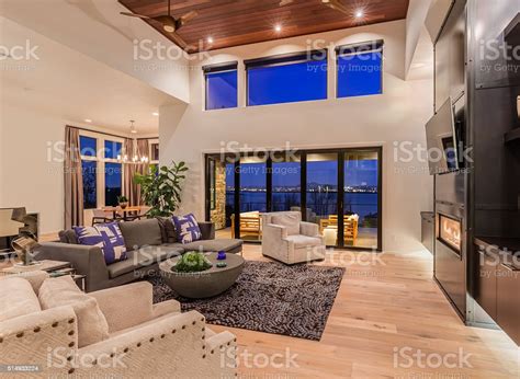 Beautiful Living Room Interior With Twilight View Stock Photo