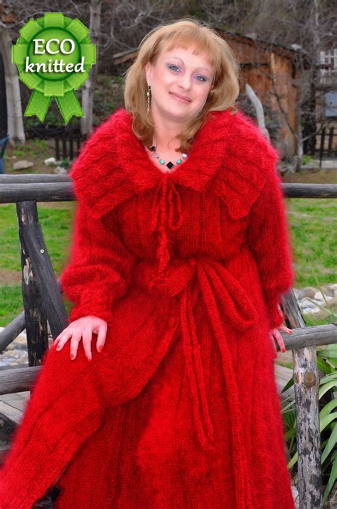 Hand Knitted Red Super Mohair Sweater Coat Fuzzy Unisex Thick Fluffy