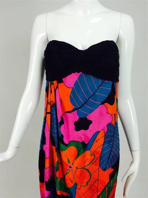 Emanuel Ungaro Parallele Tropical Print Strapless Maxi Dress 1970s For