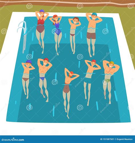 Water Aerobics Gymnastics Classes With Dumbbells Vector Cartoon