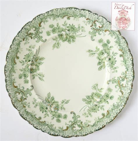 English Victorian China Green Transferware Plate Flower Garland Swag M