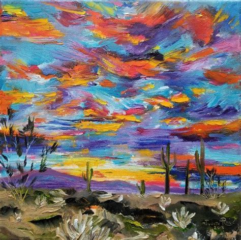 Oil Painting Desert Landscape Cactus Clouds Sky Sunset
