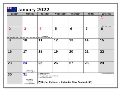 January 2022 Printable Calendar “new Zealand Ss” Michel Zbinden Nz