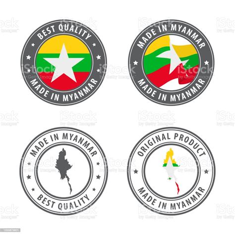Made In Myanmar Set Of Labels Stamps Badges With The Myanmar Map And