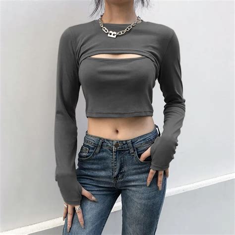 Women Hollow Out Breast Cropped Tops Two 2 Pcs Sale Casual O Neck Long Sleeve Cropped Tops Slim