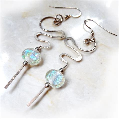 Hammered Sterling Dichroic Glass Long Earrings Metal Jewelry