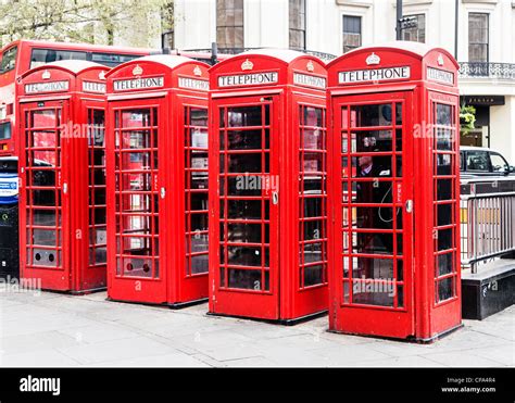 A Row Of Red British Telephone Kiosks London England Stock Photo Alamy