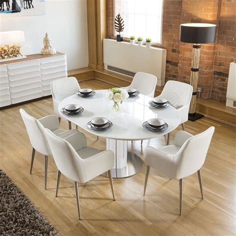 Modern Extending Dining Set Oval Round Glass Table 6 White Chairs