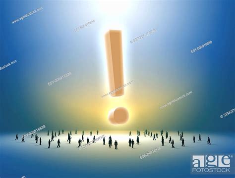 Group Of Tiny People Walking Towards An Exclamation Mark Stock Photo
