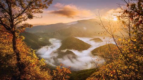 Autumn Morning At The Arda River Bulgaria Hills Leaves Clouds