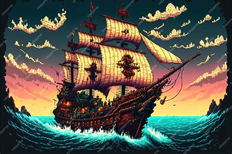 Premium Ai Image Pixel Art Pirate Ship Sailing On The High Seas