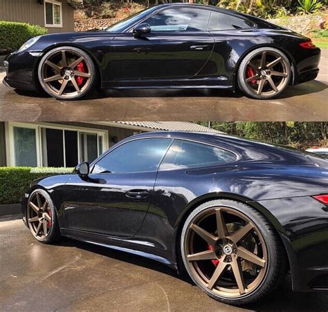 Two Pictures Of A Black Sports Car Parked In Front Of A House With Red Rims