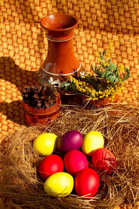 Painted Easter Eggs In A Nest Of Straw Easter Still Life Stock Image