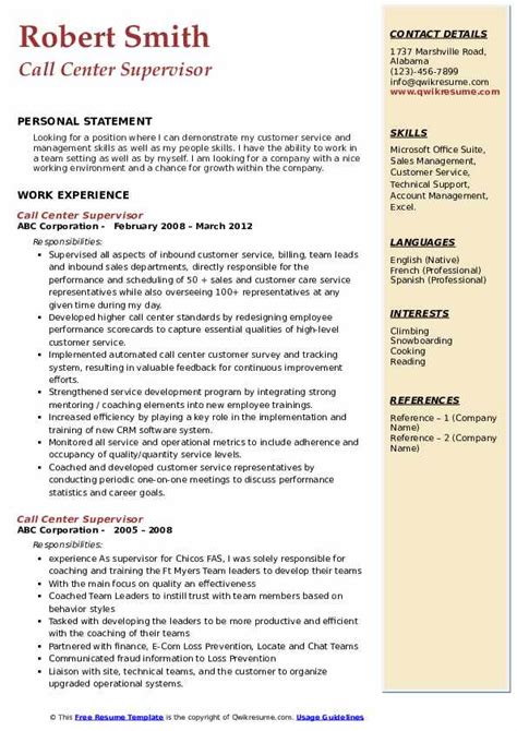 Call Center Supervisor Resume Samples Qwikresume