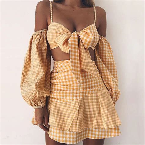 bow plaid two piece set women off shoulder long sleeve crop top mini skirt outfits backless