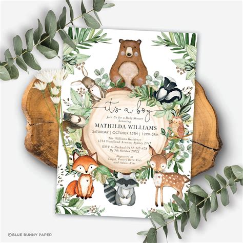Editable Woodland Baby Shower Invitation Cute Forest Greenery Wild