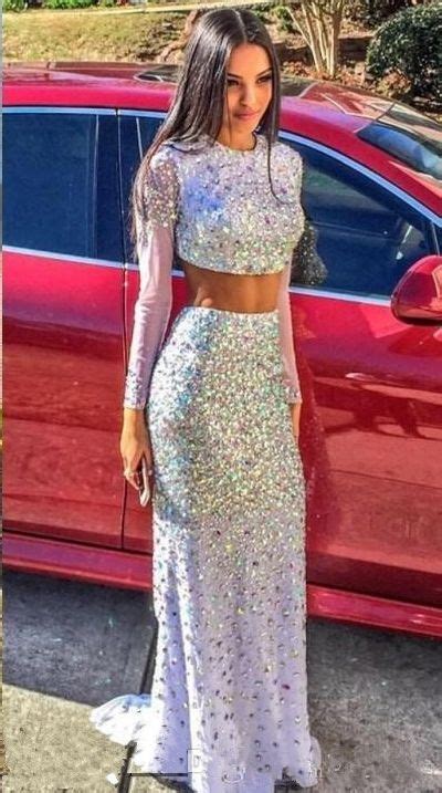 Two Pieces Long White Prom Dresses Crystals Beaded Long Sleeves Luxury On Luulla