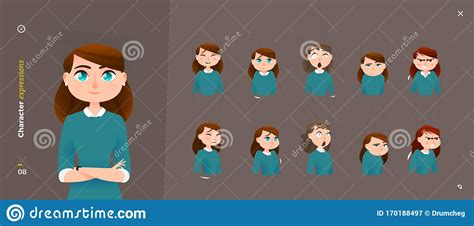 Cartoon Woman Character Expressions Face Emotional And Body Gesture