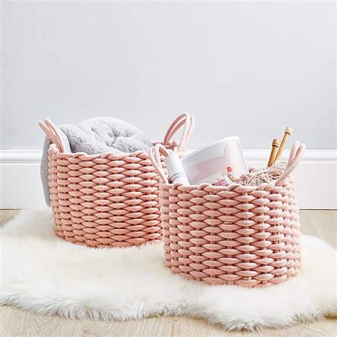 Set Of 2 Blush Pink Knitted Storage Baskets In 2020 Storage Baskets