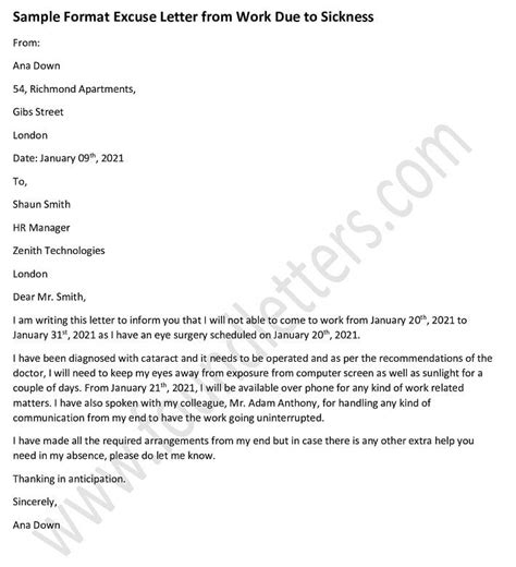 Sample Format For Excuse Letter From Work Due To Sickness Absent Letter