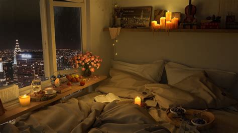 4k Cozy Bedroom With A Rainy Night View Of The Nyc Smooth Jazz Piano