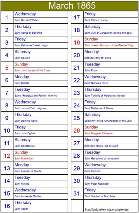 March 1865 Roman Catholic Saints Calendar