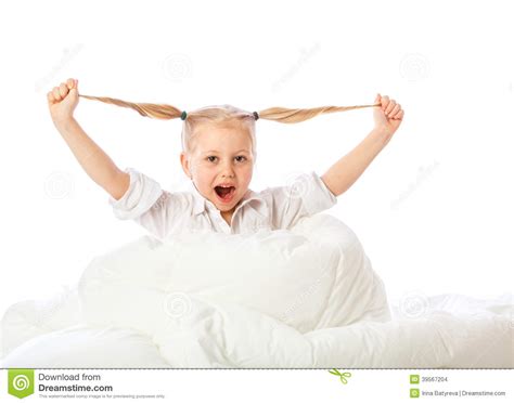 Portrait Of A Little Girl Goes To Bed Bed Sleep Rest Stock Photo