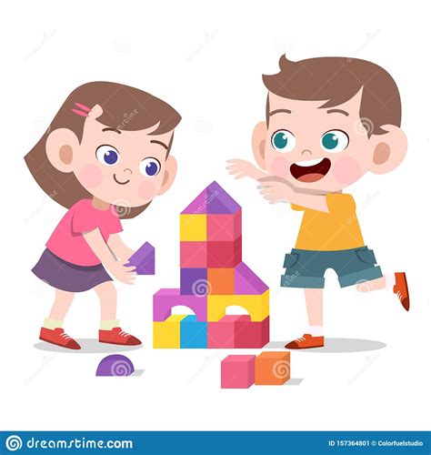 Kids Play With Toys Brick Vector Illustration Isolated Stock