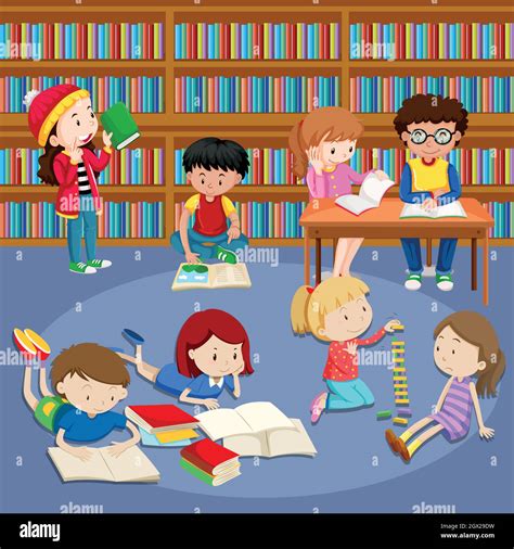 Many Kids Reading Books In Library Stock Vector Image And Art Alamy