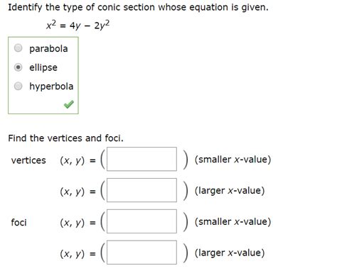 The parabola is a conic section, the intersection of a right circular conical surface and a plane parallel to a generating straight line of that surface. Solved: Identify The Type Of Conic Section Whose Equation ...