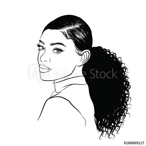 Hand-drawn black woman with curly ponytail and luxurious ...