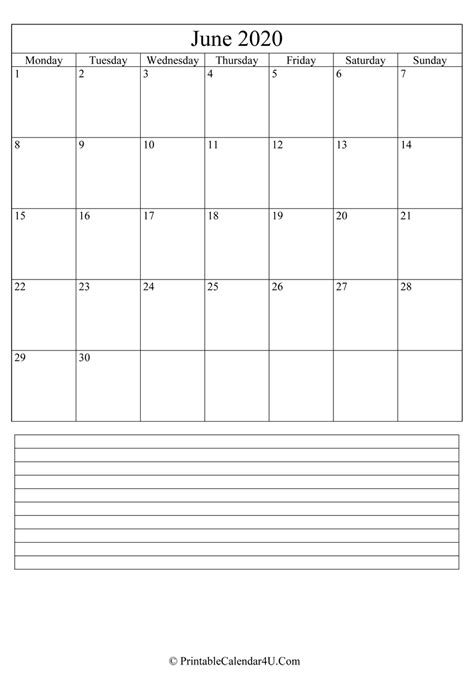 Printable June Calendar 2020 With Notes Portrait