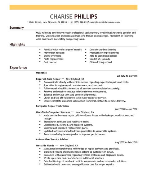 Entry Level Mechanic Resume Example Installation And Repair Sample