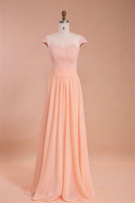 Peach Color Modest Prom Dresses Long Bridesmaid Dresses Fffdress