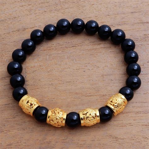 Mens Gold Accented Onyx Beaded Stretch Bracelet From Bali Batur