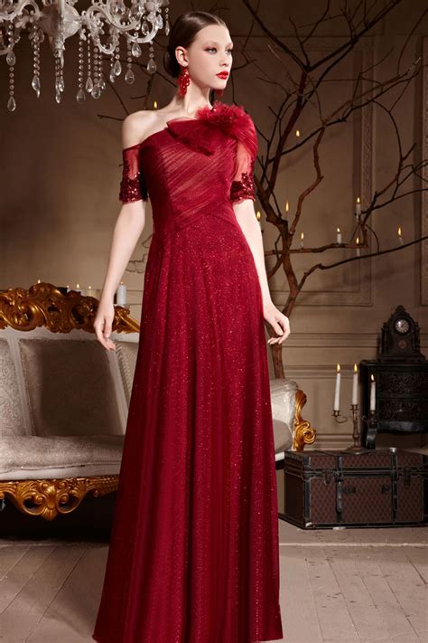 Unique Robe soirée longue asymétrique en tulle bordeaux ...