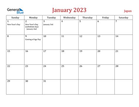 Japan January 2023 Calendar With Holidays Photos