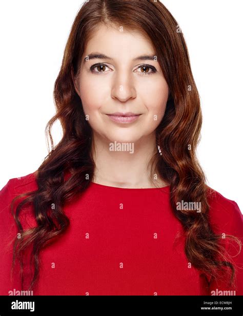 Close Up Attractive Young Adult Woman Wearing Red Dress And She