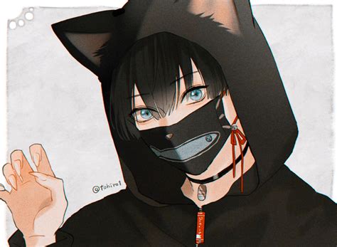 All Male Animal Ears Black Hair Blue Eyes Catboy Choker Close Hoodie