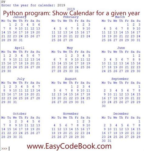 Python Program To Show Calendar Of A Year Calendar