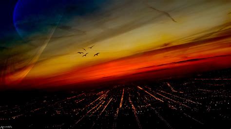 Wallpaper Sunlight Digital Art Birds Sunset Cityscape Night Sky