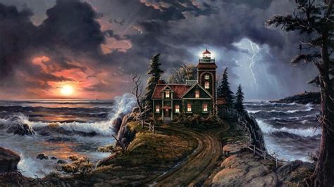 Hd Stormy Lighthouse Oil Painting Wallpaper Lighthouse Art Art